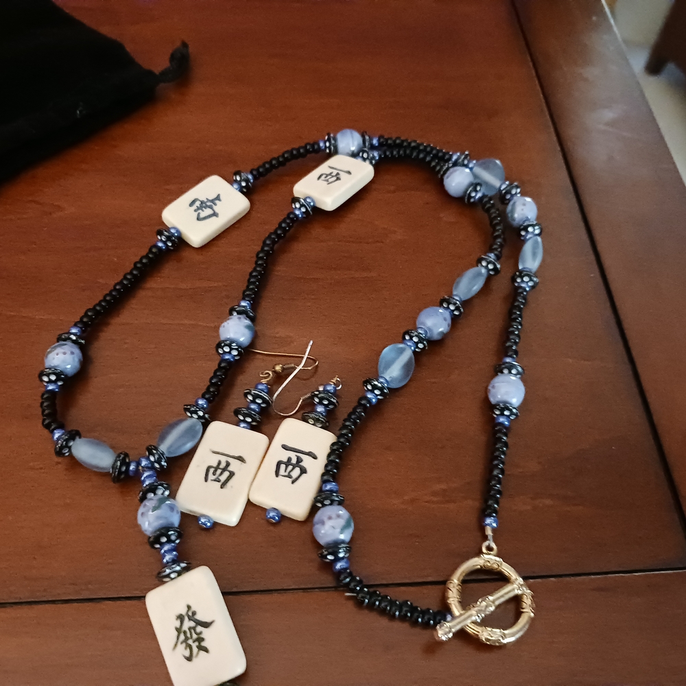 Black and Blue Asian-Inspired Necklace with Toggle Clasp